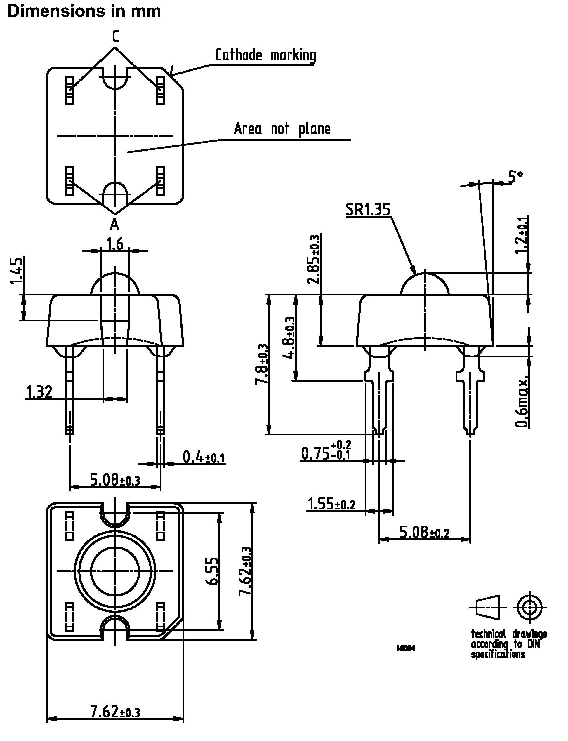 Rysunek techniczny elementu elektronicznego w milimetrach. Przedstawia widoki z wymiarami, oznaczeniami i uwagami montażowymi.