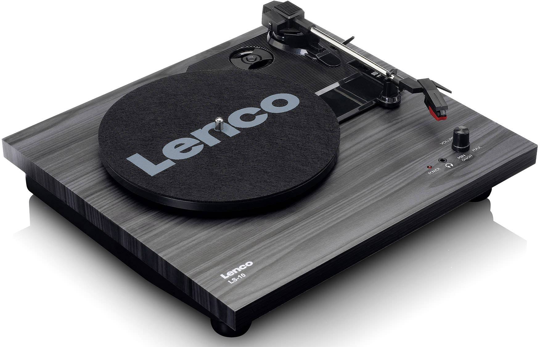 Gramofon w ciemnej stylizacji drewna z uchwytem ramienia gramofonowego i przyciskami sterującymi. Nazwa marki 'Lenco' widoczna na powierzchni podstawy.