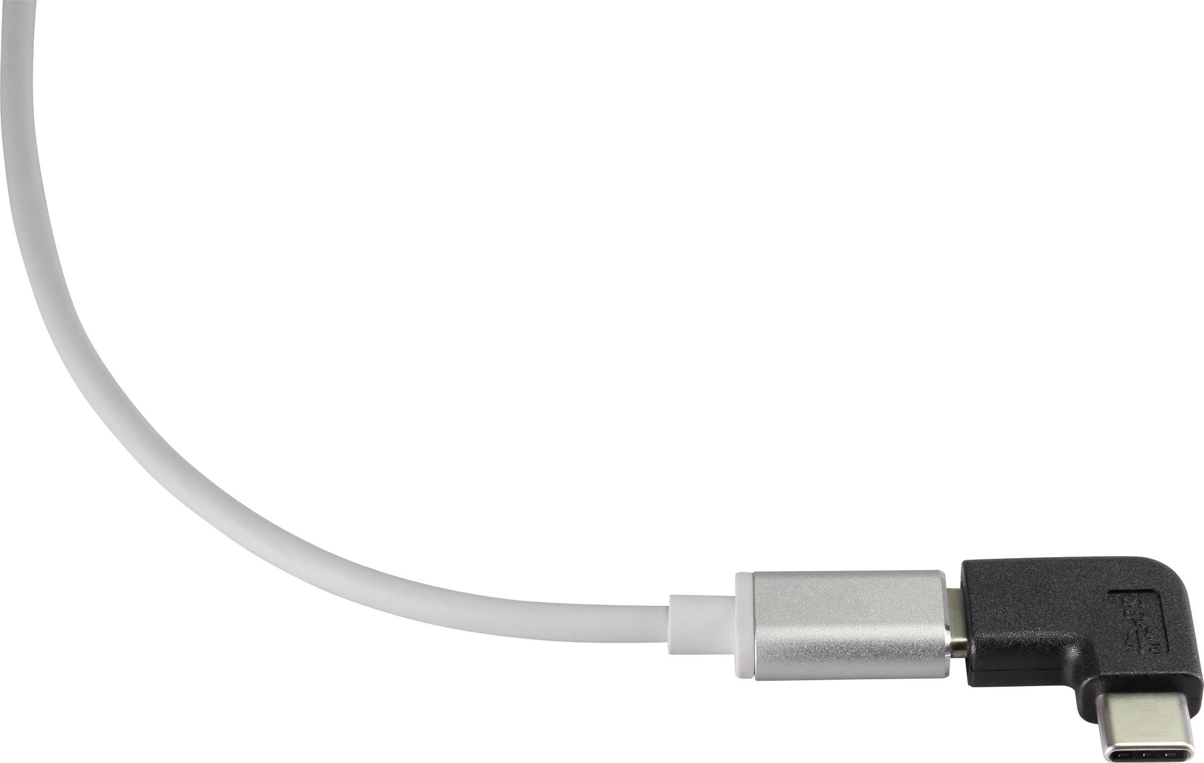 Białyy kabel USB-C z czarnym, prostokątnym adapterem na końcu.