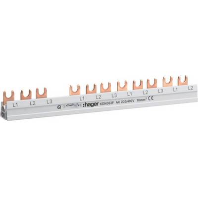 Hager KDN363F szyna fazowa z ośmioma zaciskami miedzianymi do dystrybucji prądu. Odpowiednia dla sieci AC 230/400V, 10mm², oznaczona L1, L2, L3.