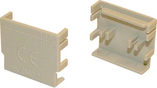 Dwie szare, prostokątne plastikowe osłony z bocznymi szczelinami i wytłoczonym znakiem 'CE', rozpoznawalne jako elementy należące do złącza urządzenia.