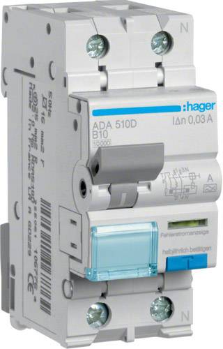 Wyłącznik różnicowoprądowy/automatyczny Hager ADA510D, 1-fazowy, 1 styk, 10 A, 0.03 A, 240 V