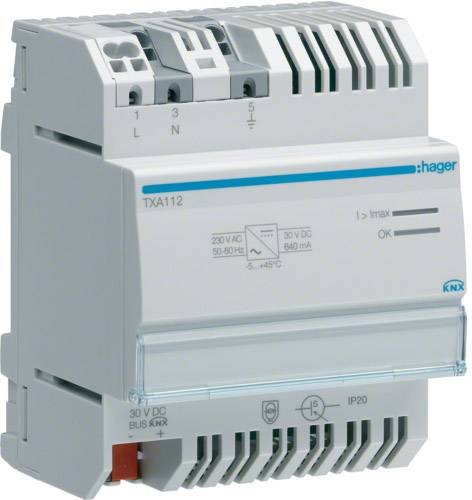 Moduł wykonawczy KNX firmy Hager, model TXA112, przeznaczony do sterowania obciążeniami elektrycznymi w systemach zarządzania budynkami.