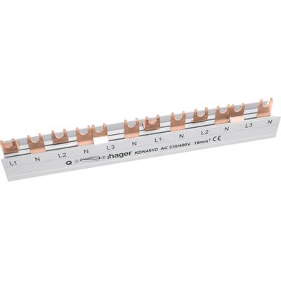 Szyna fazowa z wieloma stykami miedzianymi, oznaczona jako 'L1', 'N', 'L2', 'N', 'L3', 'N'. Produkt firmy Hager do instalacji elektrycznych.