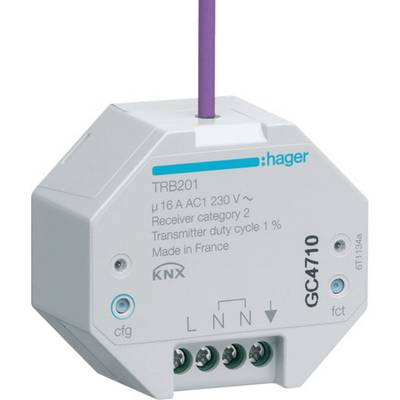 Biały element elektryczny z napisem 'TRB201'. Posiada złącza do podłączenia przewodów elektrycznych i jest przeznaczony do systemów KNX.