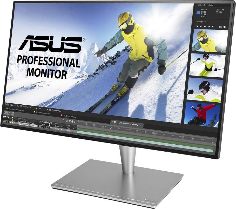 Ekran komputerowy wyświetla edytowane zdjęcie narciarza na zaśnieżonym stoku, z napisem 'ASUS Professional Monitor' w lewym górnym rogu.
