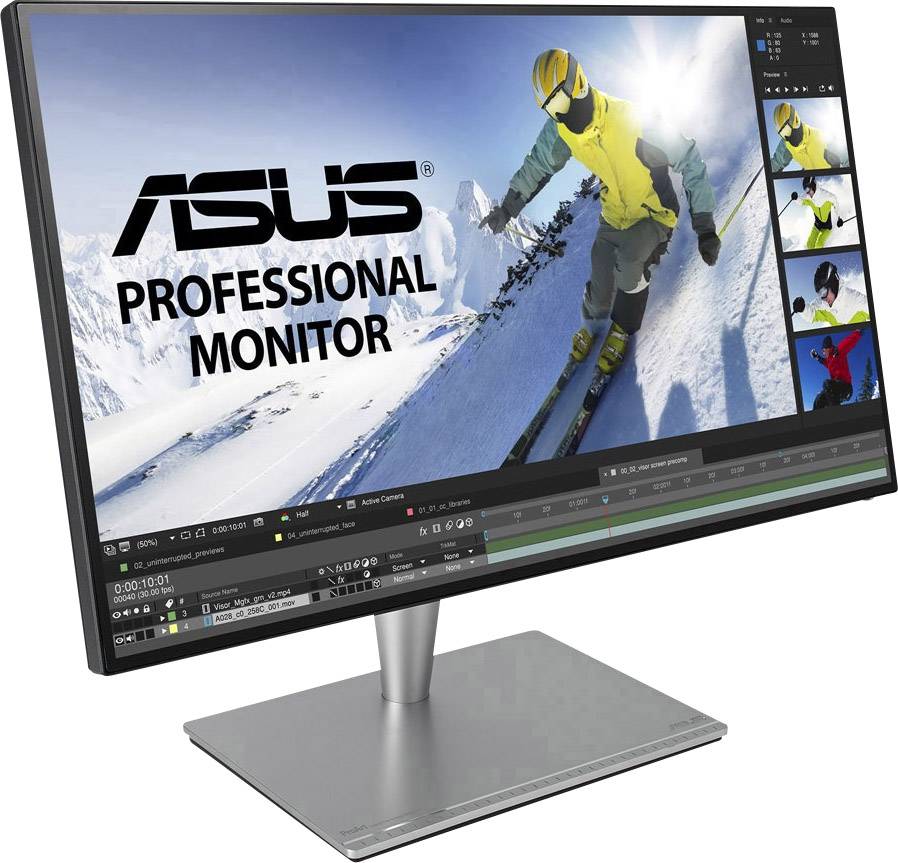Płaski ekran przedstawia narciarza na śniegu, obok znajdują się paski menu do edycji obrazu. Marka monitora: ASUS Professional Monitor.