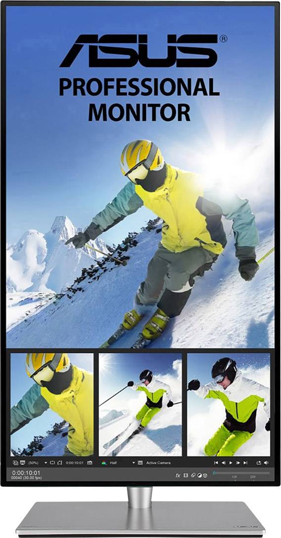 Narciarz w żółtej kurtce i kasku na ośnieżonym stoku, przedstawiony na monitorze profesjonalnym ASUS.