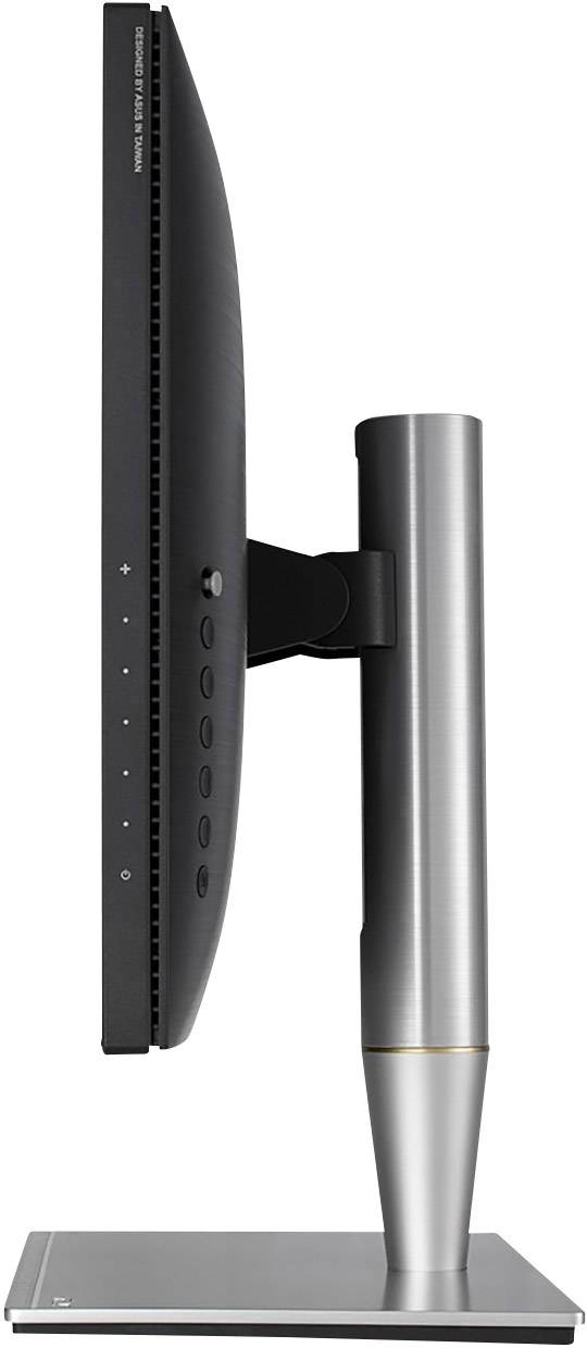 Widok z boku płaskiego ekranu ze smukłą, srebrną podstawą. Ekran wyposażony jest w przyciski sterujące po bokach.