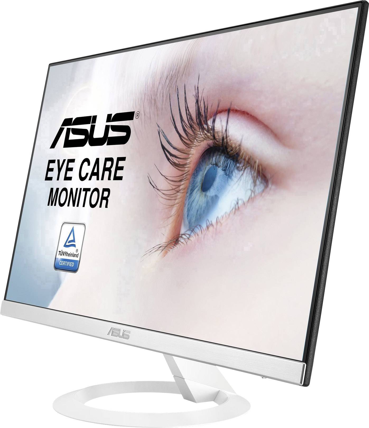 Monitor ASUS wyświetla niebieskie oko z długimi rzęsami. Na ekranie widnieje napis: 'Monitor ASUS Eye Care' oraz logo TÜV Rheinland.