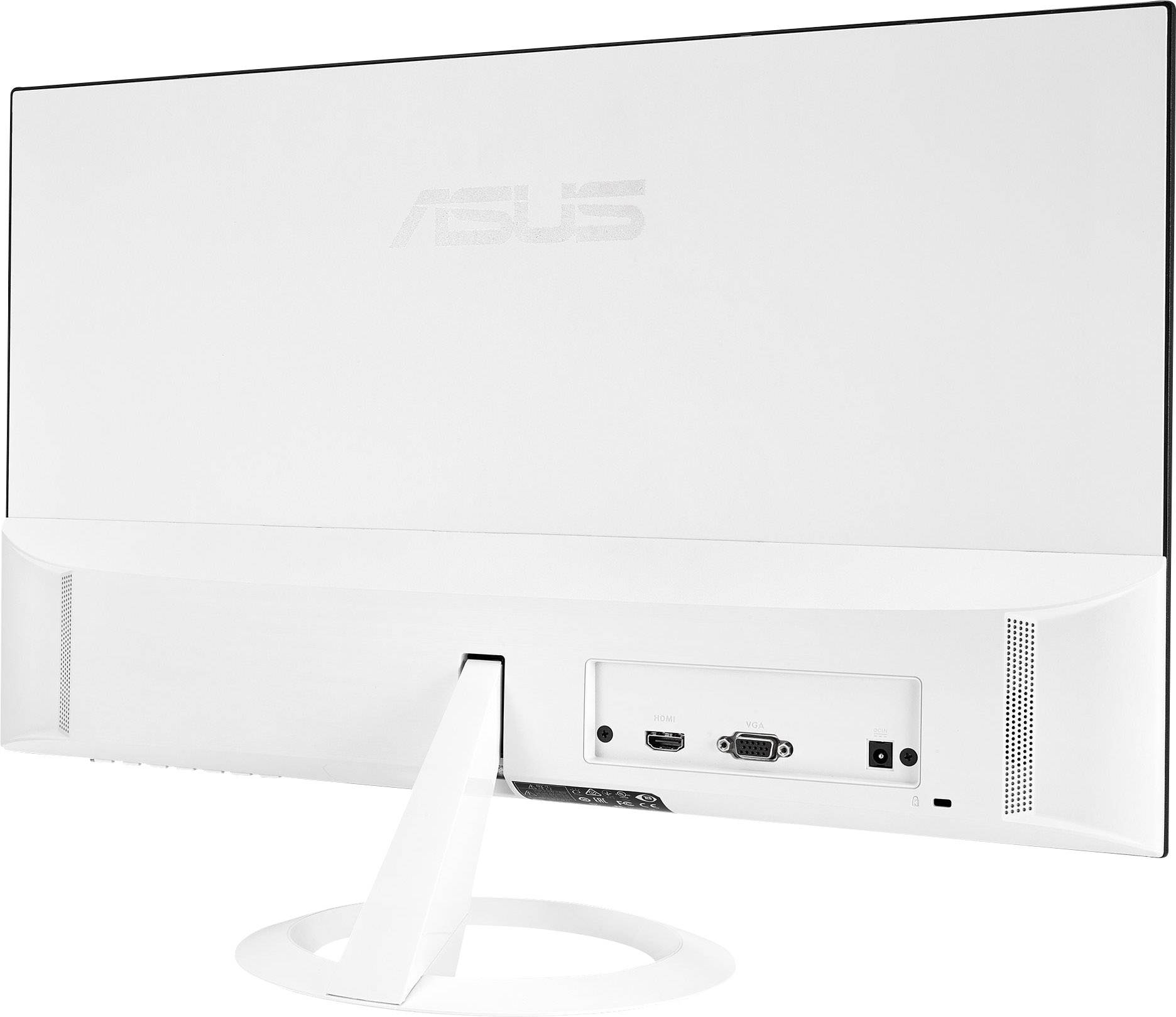 Biały monitor komputerowy widziany od tyłu, z podłączonym przewodem zasilającym oraz kilkoma złączami, takimi jak HDMI i VGA.