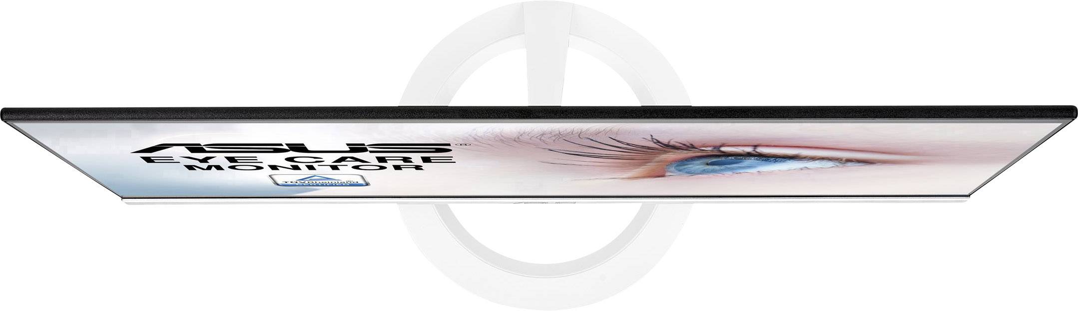 Ultracieniutki monitor Asus z napisem 'Monitor dbający o oczy' i obrazem niebieskiego oka na ekranie.