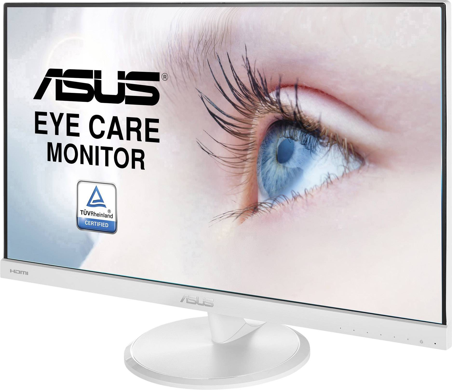 Monitor ASUS z certyfikatem TÜV Rheinland. Ekran przedstawia oko w zbliżeniu, podkreślając technologię chroniącą wzrok.