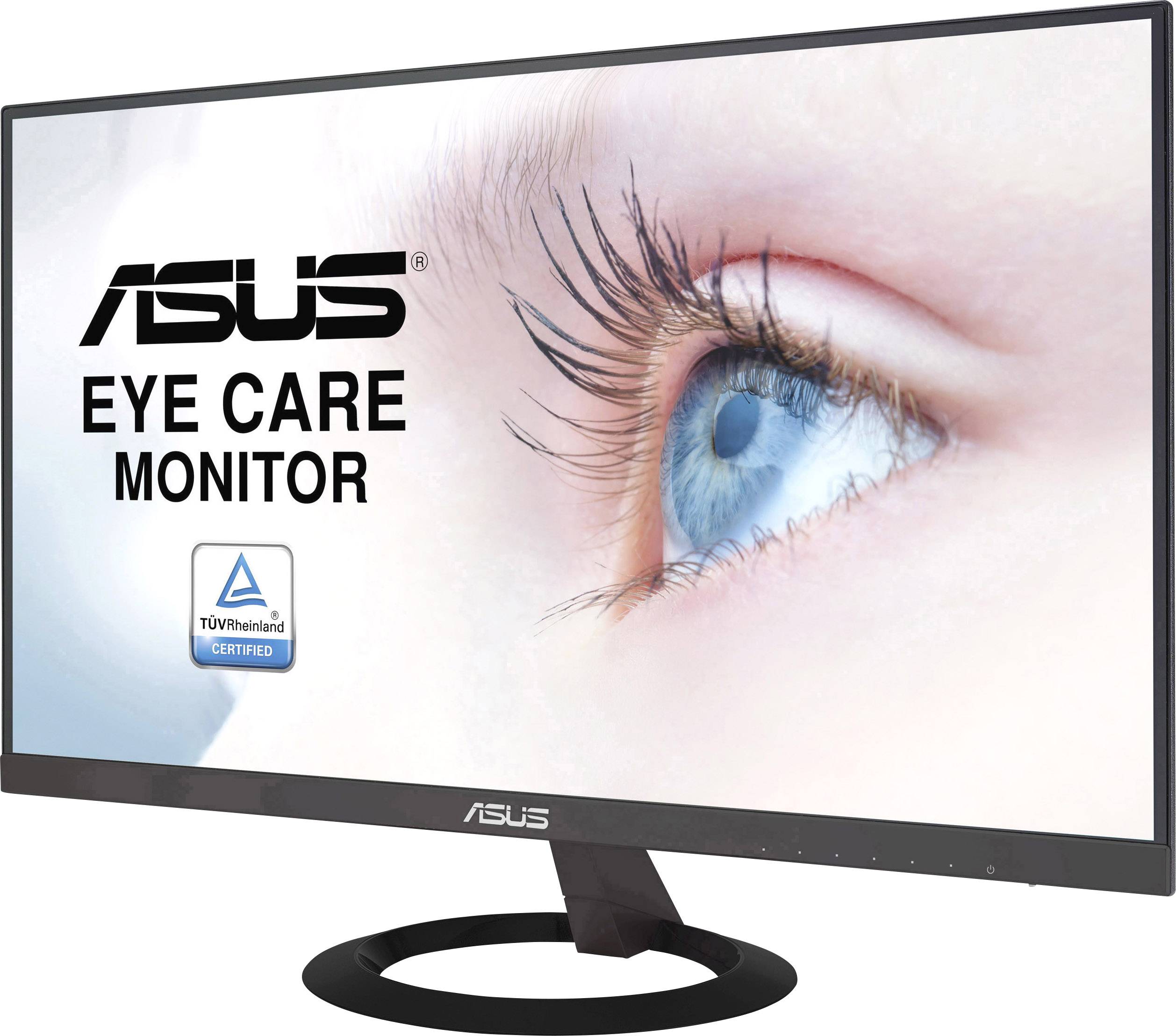 Monitor ASUS z napisem 'Monitor z troską o wzrok' i symbolem certyfikacji TÜV Rheinland. Zbliżenie oka.