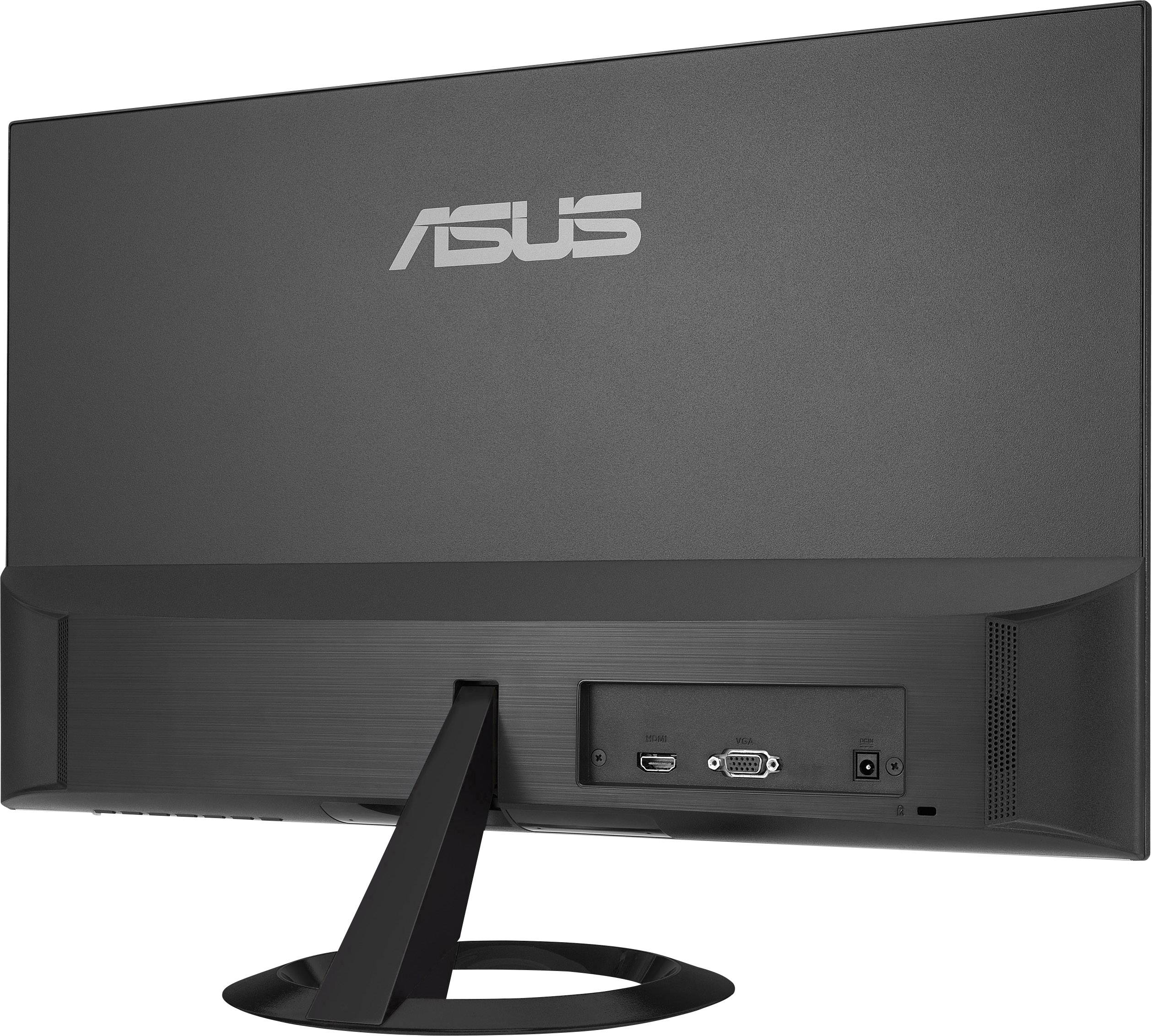 Czarny monitor widziany od tyłu, z logo ASUS umieszczonym powyżej. Widoczne są złącza takie jak VGA i HDMI.