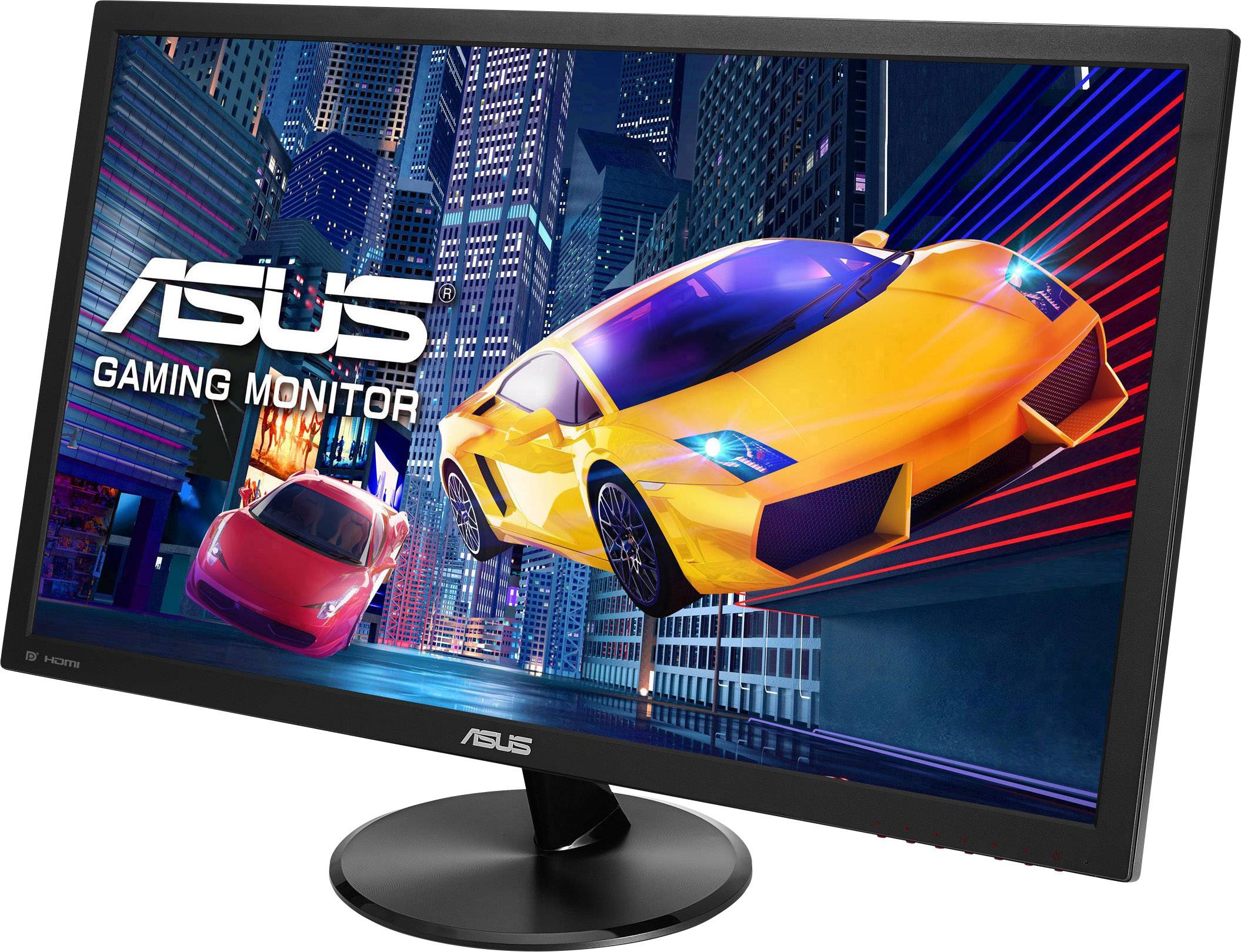 Monitor ASUS do gier wyświetla graficzny motyw z dwoma samochodami w żywych kolorach, przy czym żółty samochód znajduje się na pierwszym planie.