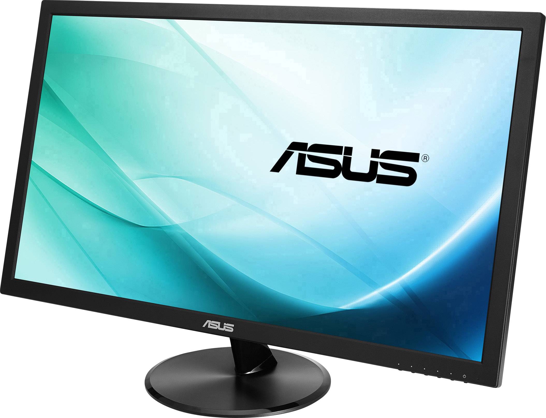 Monitor ASUS z niebieskim tłem, wyświetlający logo firmy na środku ekranu. Monitor jest lekko pochylony na bok.