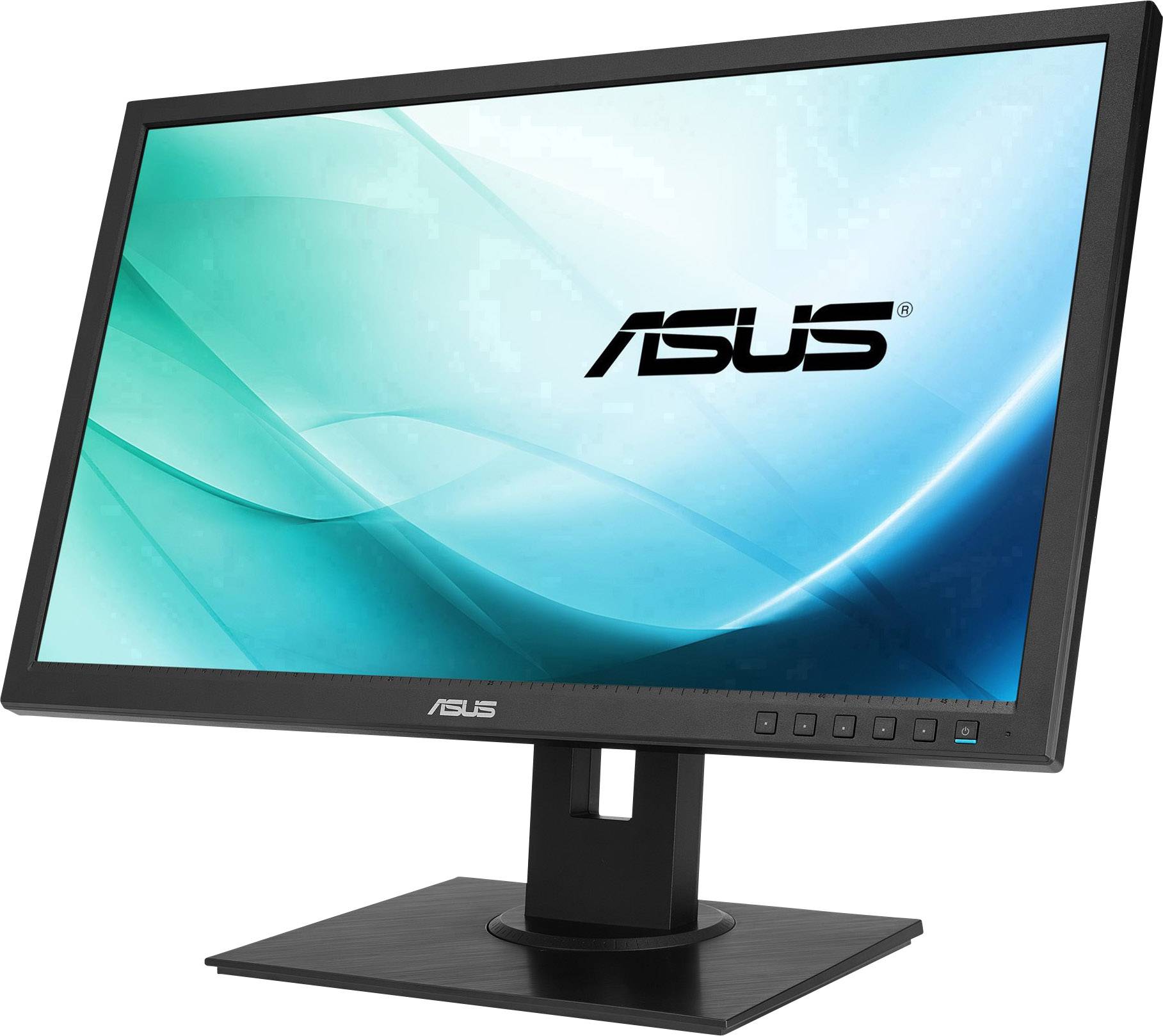 Ekran komputerowy firmy Asus wyświetla abstrakcyjne niebieskie tło z logo Asus w górnym prawym rogu.