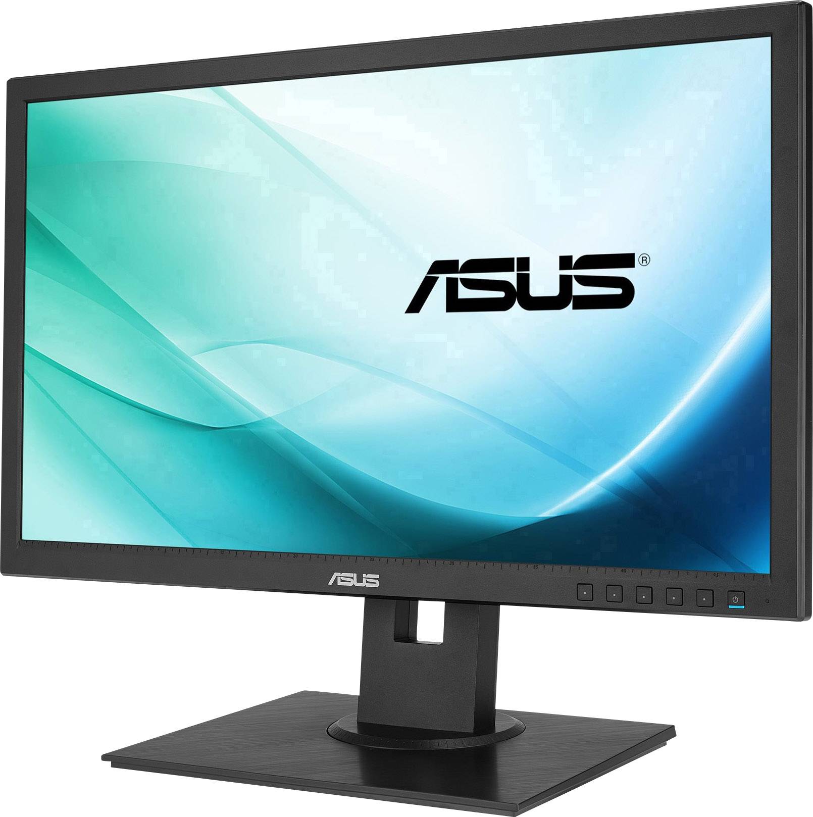 Monitor ASUS z czarną ramką, wyświetlający niebiesko-zielone tło ekranu.