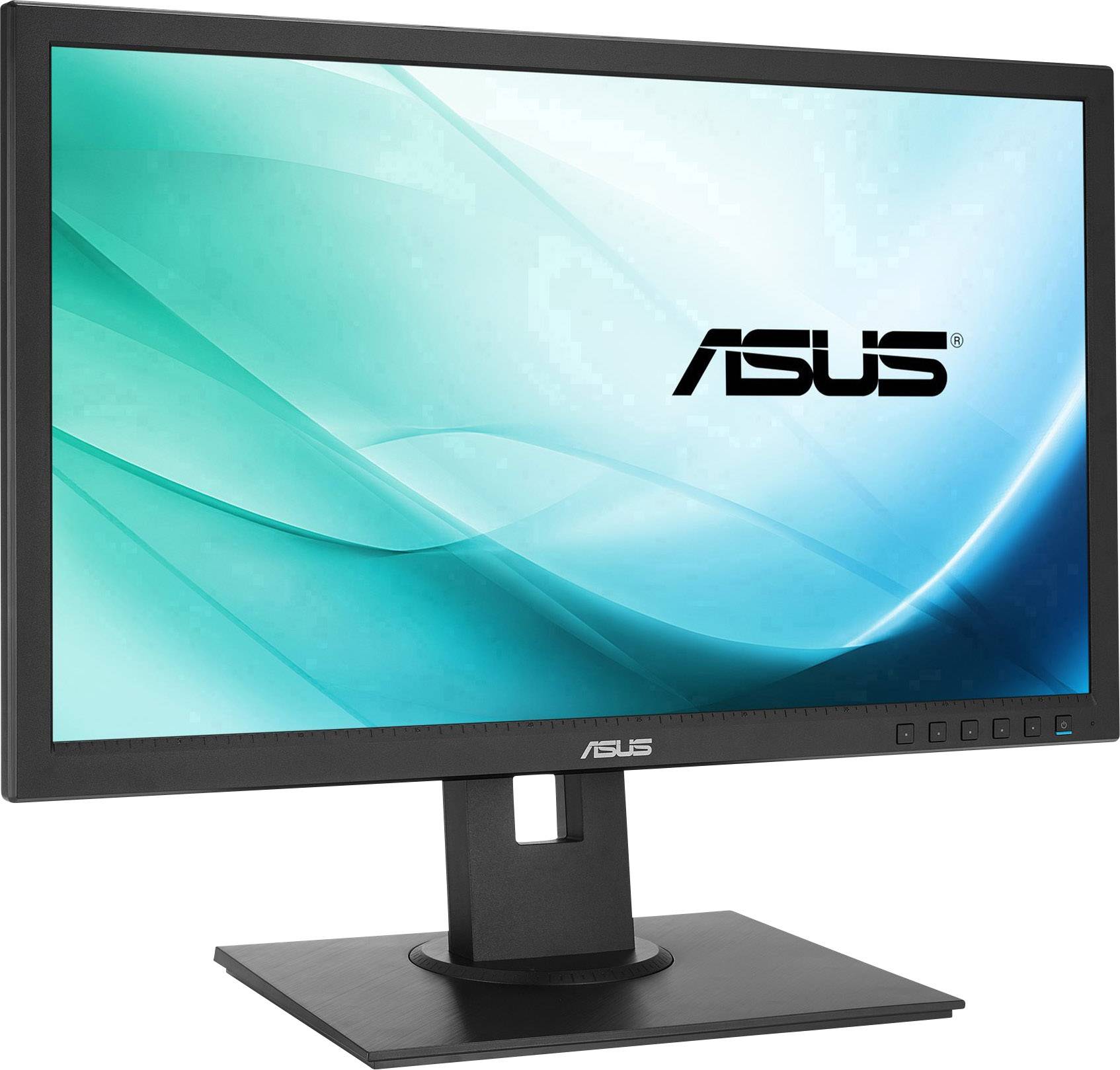 Czarny monitor komputerowy ASUS wyświetla niebiesko-zielone tło z logo ASUS pośrodku ekranu.