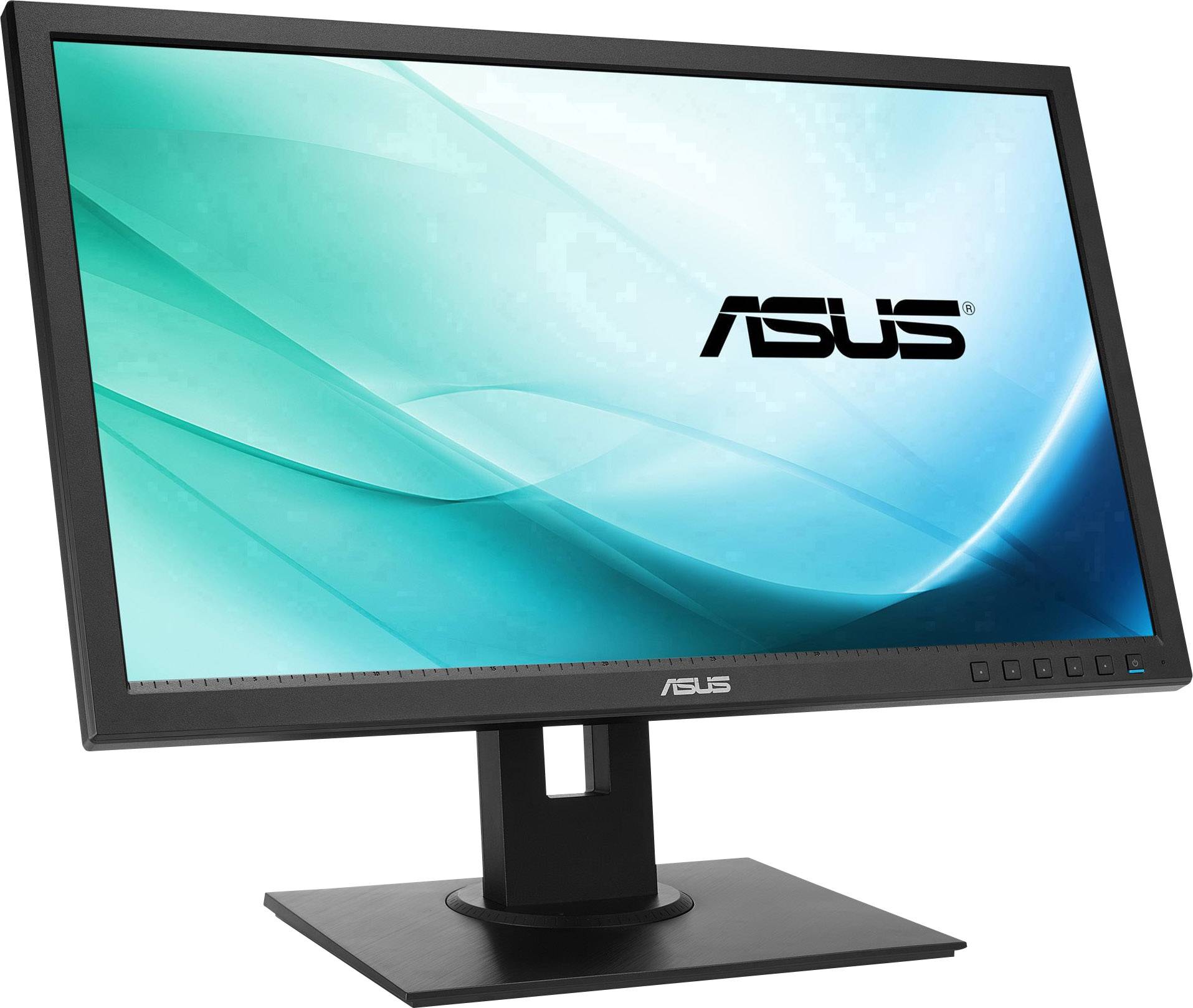 Monitor ASUS ustawiony poziomo wyświetla niebieski ekran z logo ASUS w prawym górnym rogu.