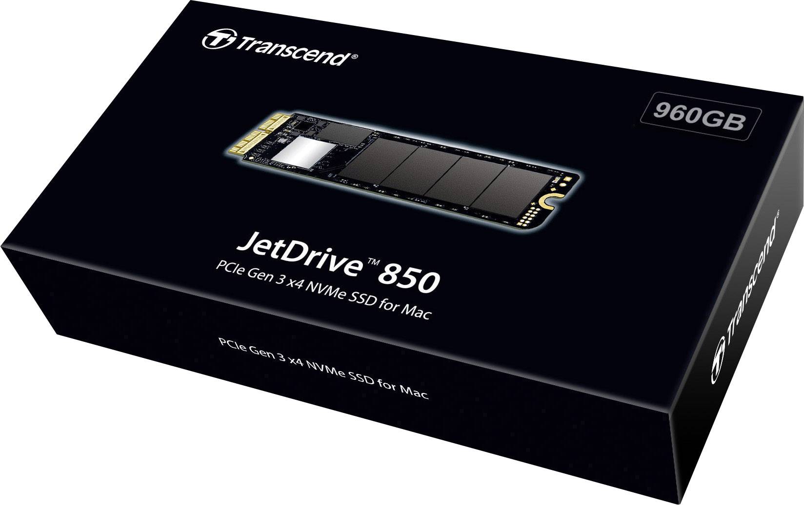 Czarna obudowa dysku SSD Transcend JetDrive 850 PCIe NVMe dla komputerów Mac o pojemności 960 GB. Widoczne zdjęcie produktu i tekst.