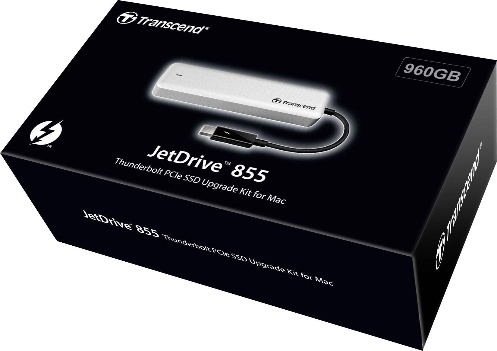 Zewnętrzny dysk SSD 'JetDrive 855' firmy Transcend o pojemności 960GB, kompatybilny z komputerami Mac. Wyposażony w technologię Thunderbolt PCIe zapewniającą szybki transfer danych.