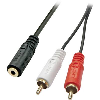 Kabel audio z czarnym złączem jack oraz dwoma wtyczkami RCA, jedną czerwoną i jedną białą, przeznaczone do połączeń audio stereo.