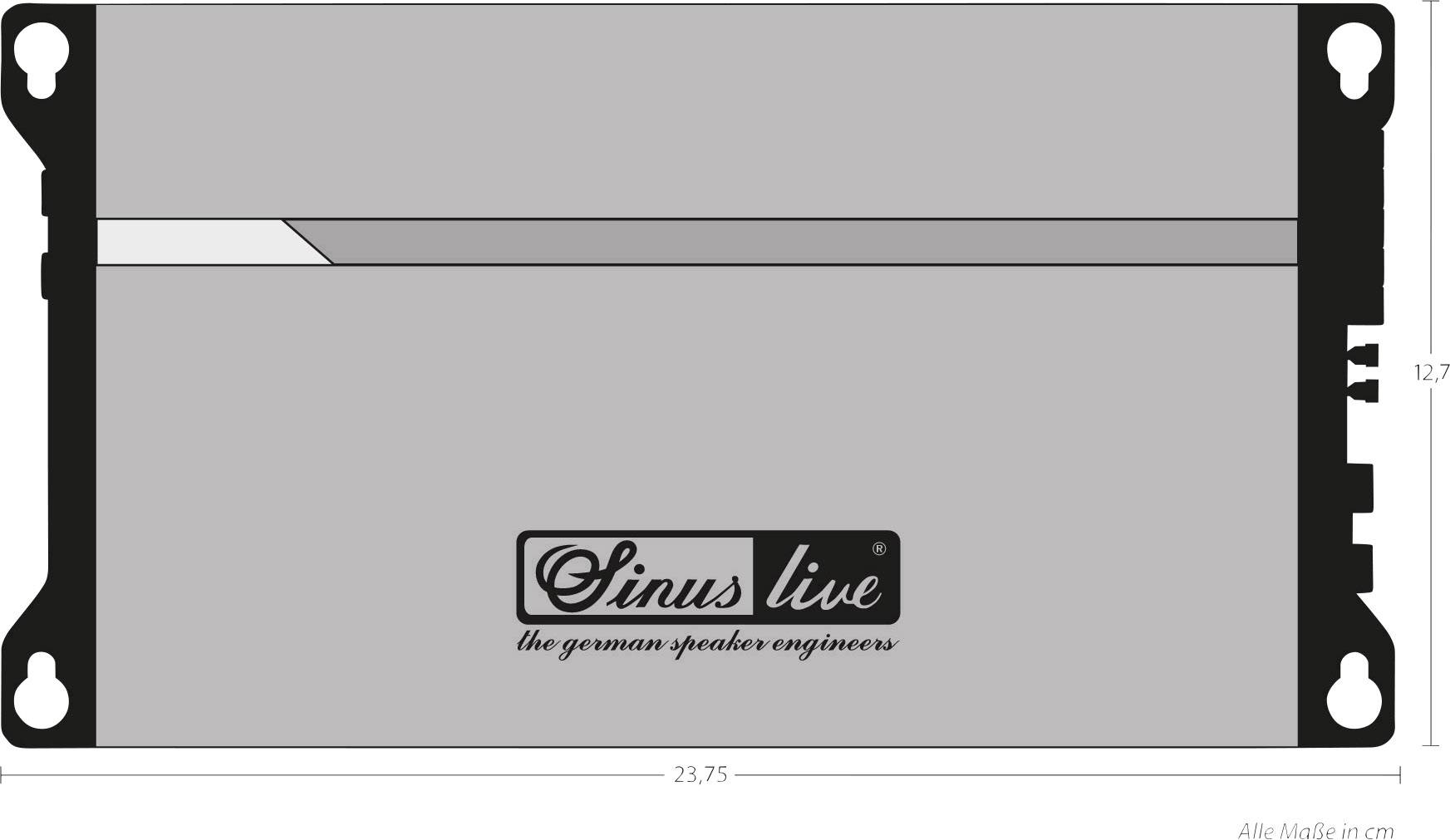 Wzmacniacz z napisem 'Sinus live the german speaker engineers', wymiary 23,75 x 12,7 cm.