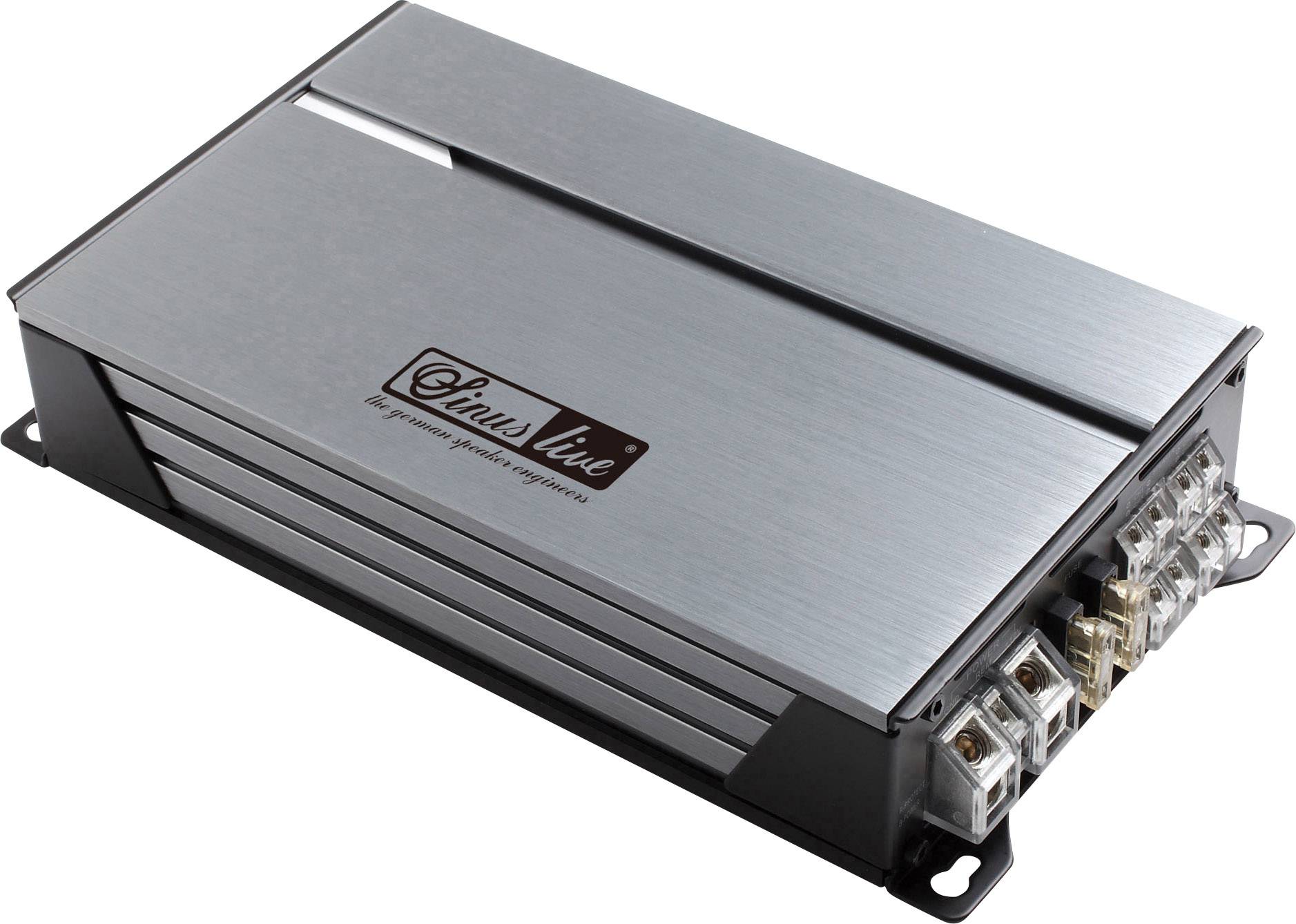 Kompaktowe, prostokątne urządzenie audio w metalowej obudowie z przyłączami po jednej stronie, przeznaczone do stosowania w systemach audio.