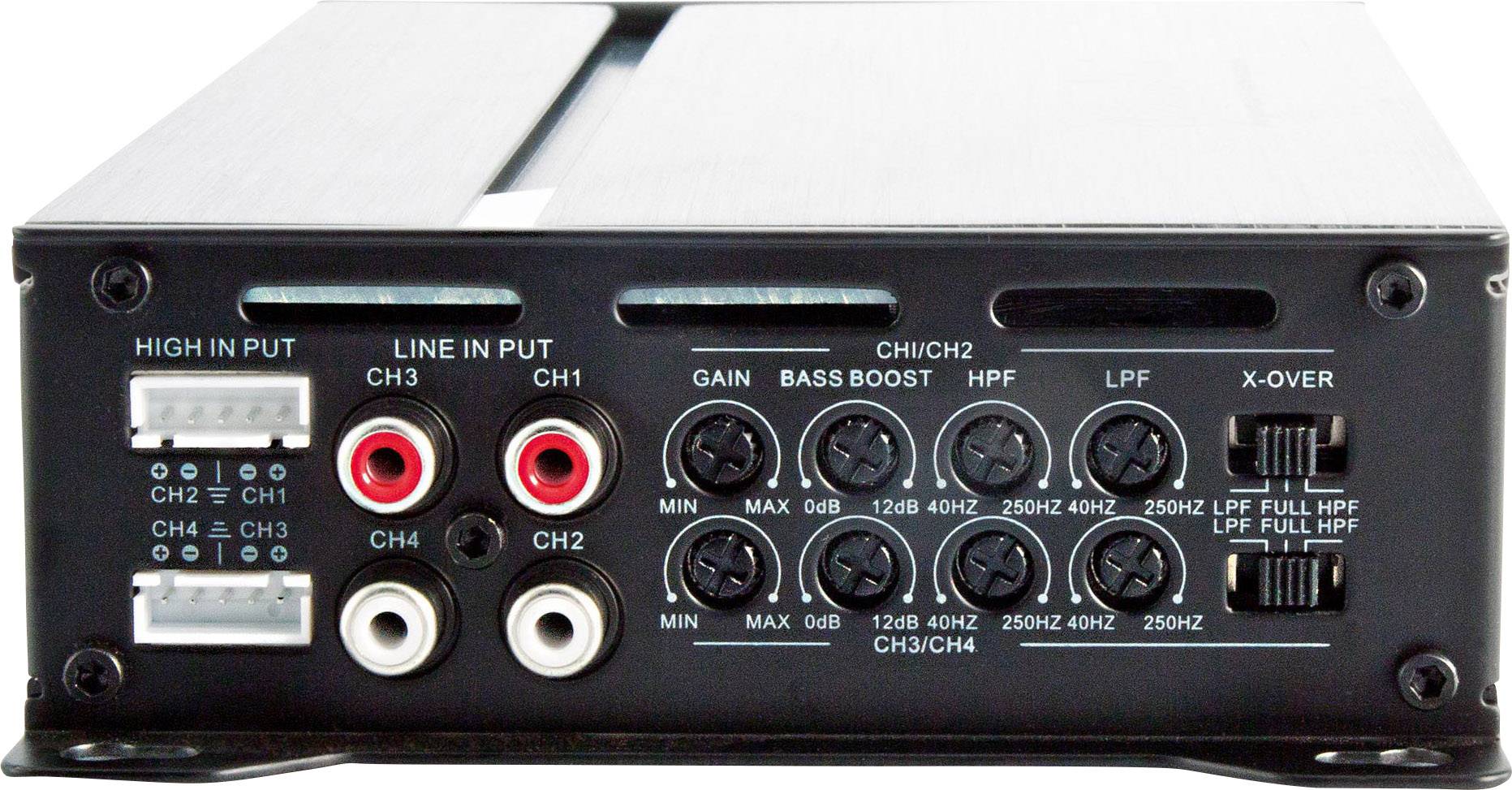 Widok z tyłu wzmacniacza z wieloma złączami audio oraz pokrętłami regulacji wzmocnienia, wzmocnienia basów i ustawień częstotliwości crossovera.