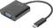Czarny adapter z gniazdem VGA po lewej stronie i wtyczką USB-C po prawej stronie, służący do podłączania urządzeń.