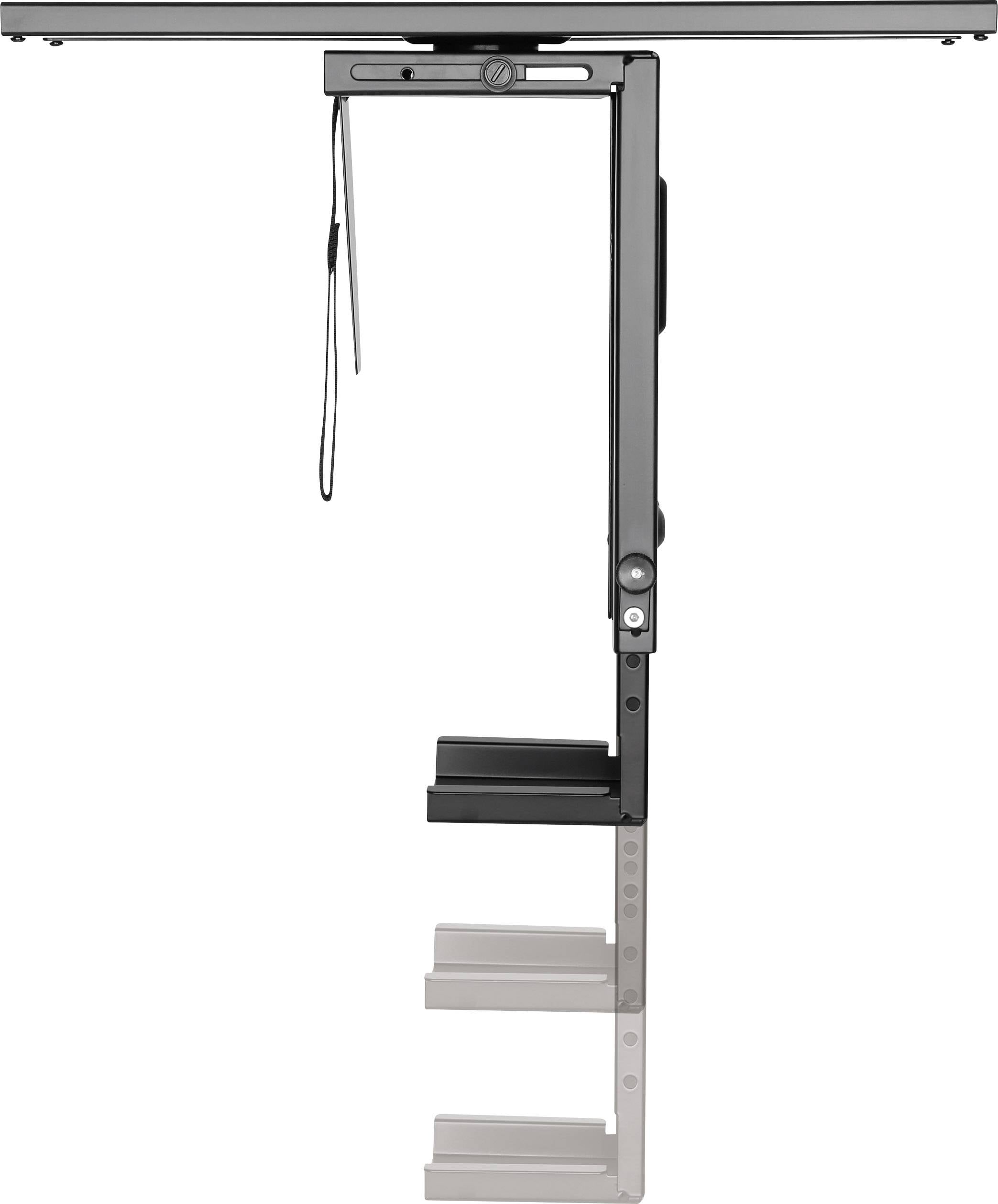 Pionowa metalowa konstrukcja z różnymi półkami, przymocowana do powierzchni, służąca do organizacji lub przechowywania przedmiotów.