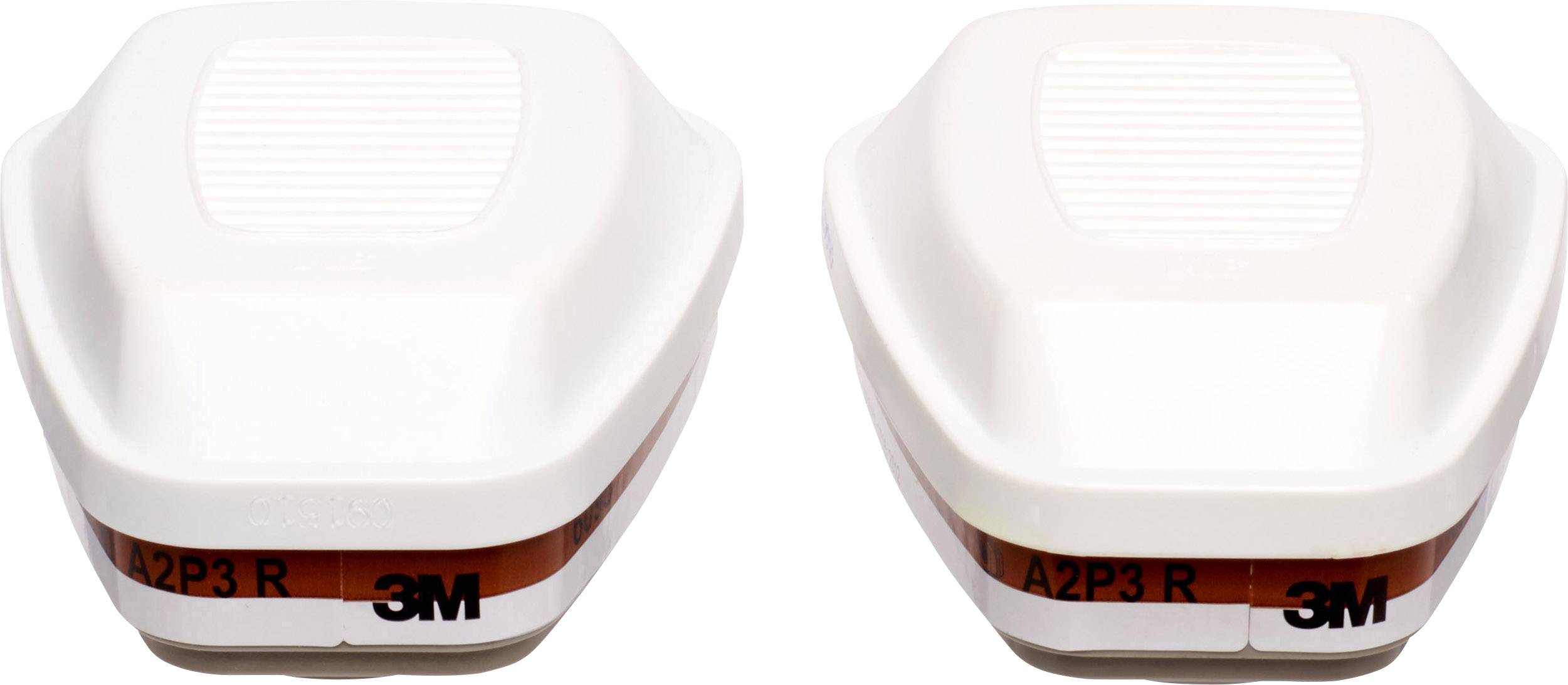Dwa białe filtry ochrony dróg oddechowych z brązowym paskiem i napisem 'A2P3 R'. Służą do ochrony przed gazami, parami i cząstkami.