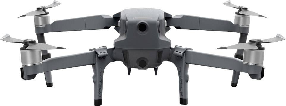 Szara dron z czterema rotorami, lecący w powietrzu, widziany z przodu.