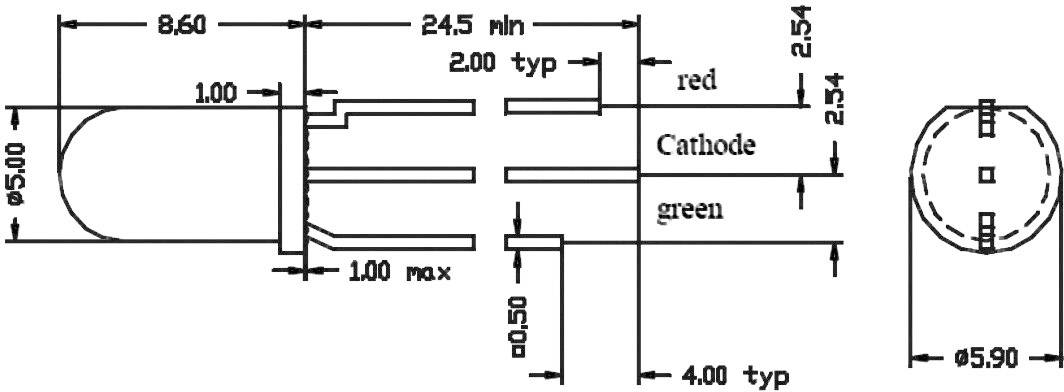 Rysunek techniczny dwukolorowej diody LED z wymiarami w milimetrach, przedstawiający widok z przodu i z boku, wraz z oznaczeniem katody.