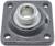 Metalowa obudowa łożyska z okrągłym pierścieniem wewnętrznym i czterema otworami montażowymi w narożnikach, nadająca się do zastosowań mechanicznych.