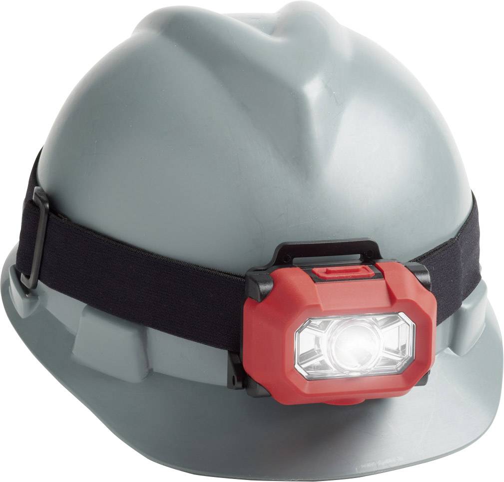 Szary kask budowlany z czerwoną lampą czołówką przymocowaną do czarnego paska. Lampa świeci jasno do przodu.