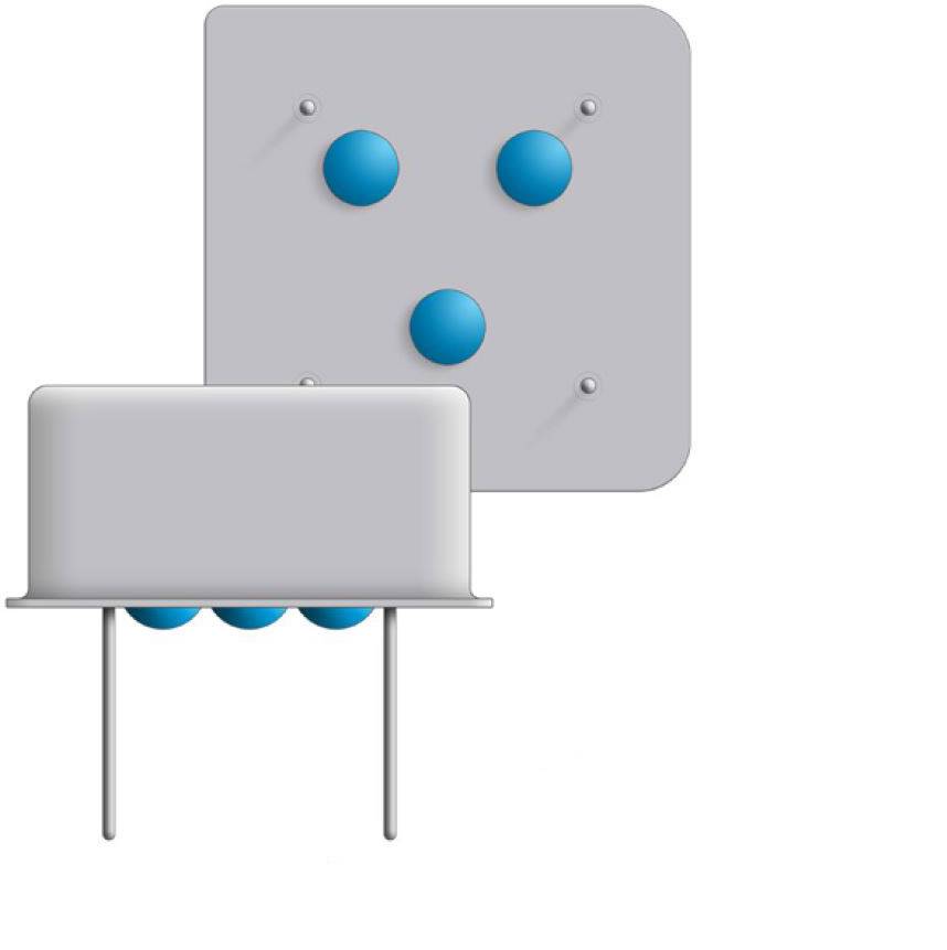 Ilustracja oscylatora kwarcowego z obudową, dwoma złączami oraz oznaczeniami wskazującymi wzajemne połączenia.