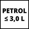 'PETROL ≤ 3,0 L' widnieje w czarnej ramce na białym tle, prawdopodobnie jako wskazówka ograniczająca ilość benzyny.