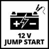 Symbol akumulatora samochodowego z biegunami dodatnimi i ujemnymi, piorunem i podłączonym zaciskiem. Tekst: 12 V Jump Start.