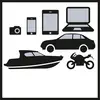 Kolekcja sylwetek: aparat fotograficzny, smartfon, tablet, laptop, samochód, łódź i motocykl. Przedstawia różne technologie transportowe i komunikacyjne.