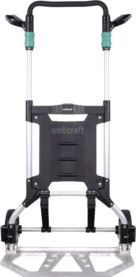 Wózek transportowy z czarną obudową i srebrną ramą, ergonomicznym uchwytem oraz szeroką platformą do przewozu ładunków.