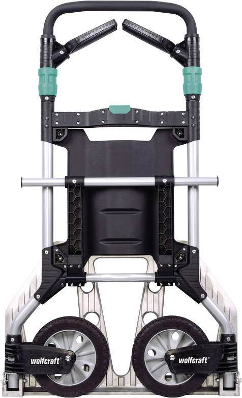 Czarny, składany wózek transportowy z dwoma dużymi kołami i metalowym uchwytem. Napis 'wolfcraft'.