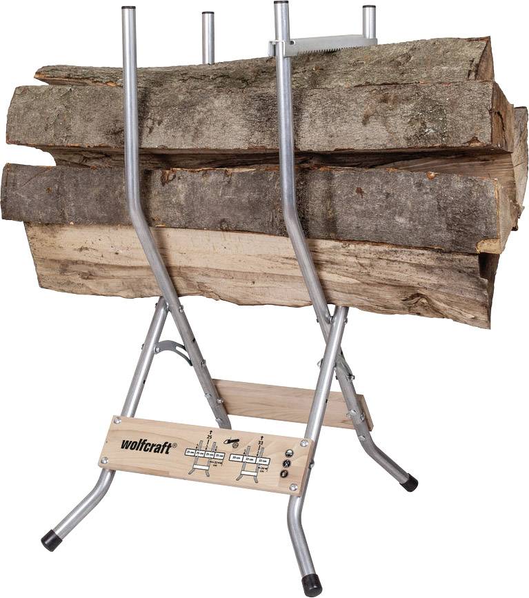 Stojak na drewno opałowe z metalu i drewna, pionowy, z czterema ułożonymi szczapami. Nazwa marki i instrukcja montażu widoczne na podstawie.