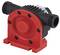 Czerwona pompa wodna z czarną obudową, kilkoma śrubami i dwoma przyłączami bocznymi.