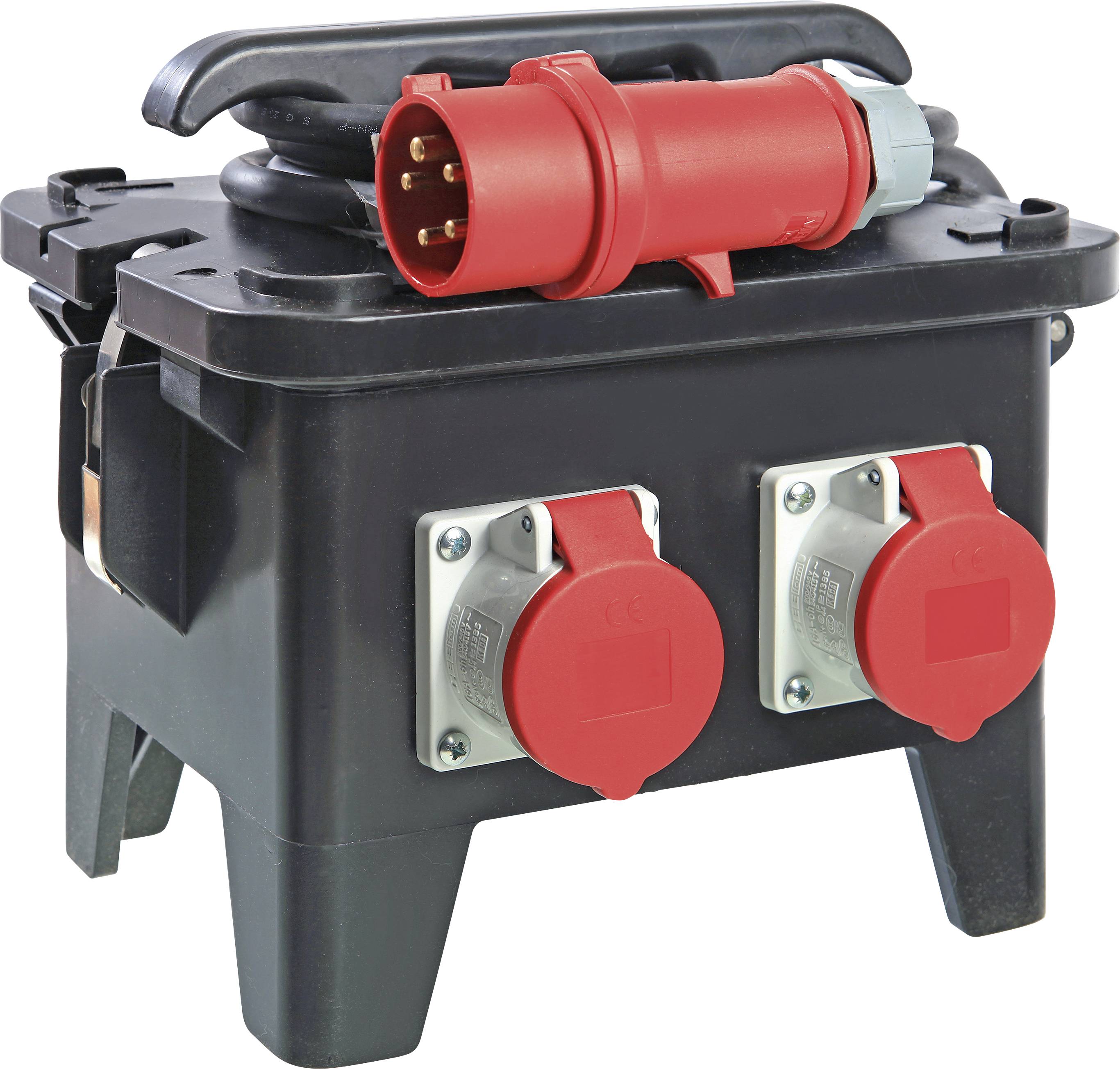 Przemysłowa listwa zasilająca z czerwoną wtyczką i wieloma gniazdami, przeznaczona do obsługi wysokiego napięcia.