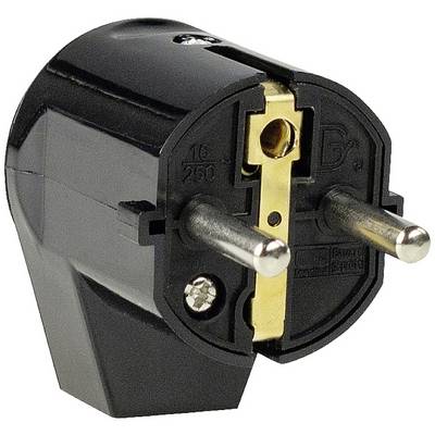Czarny adapter wtykowy Euro z dwoma bolcami i szyną uziemienia, odpowiedni dla 16 amperów i 250 woltów.