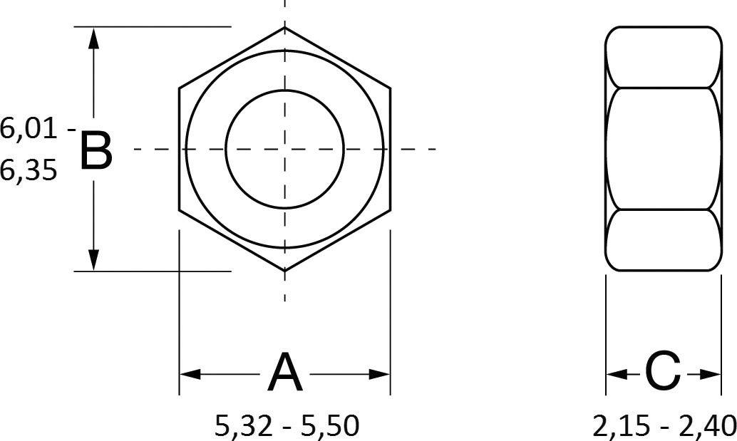Rysunek techniczny nakrętki sześciokątnej z wymiarami: A 5,32–5,50 mm, B 6,01–6,35 mm, C 2,15–2,40 mm. Widok z profilu i z góry.