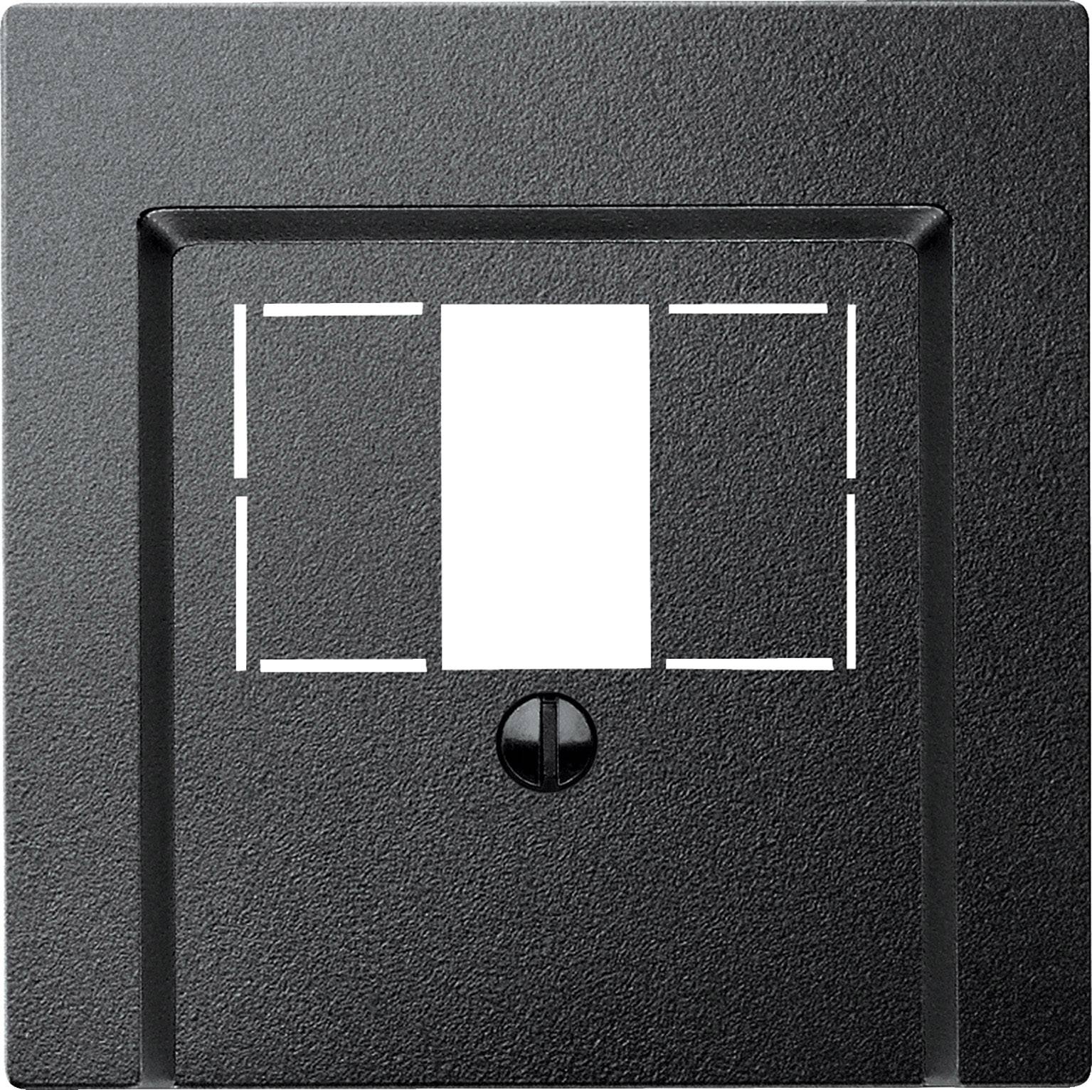 Kwadratowa, czarna ramka włącznika światła z centralnym otworem i delikatną fakturą.
